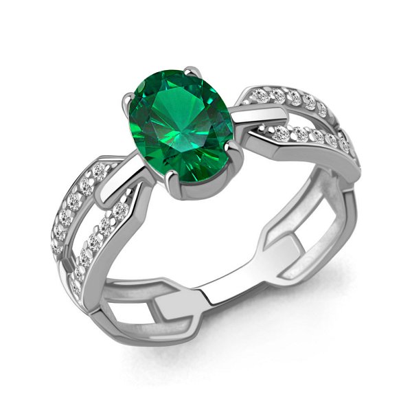 Кольцо Аквамарин - Серебро 925, Синтетический изумруд, Фианит (арт. 650226АГ.5)