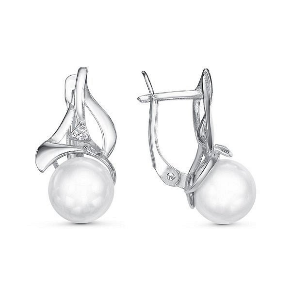 Серьги Красная пресня - Серебро 925, Жемчуг имитация, Фианит (арт. 33612018Д)