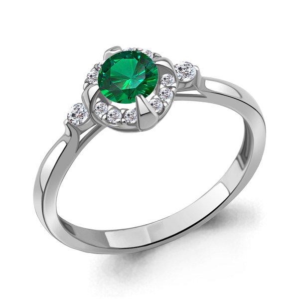 Кольцо Аквамарин - Серебро 925, Синтетический изумруд, Фианит (арт. 67373АГ.5)