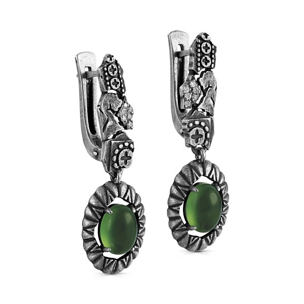 Серьги Кабаровских - Серебро 925, Серпентин, Бриллиант (арт. 12-372-6883)