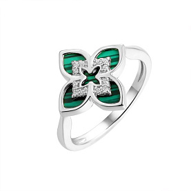 Кольцо FRESH - Серебро 925, Малахит имитация, Фианит (арт. CZ-R04305-X-W-Mal-X-W)
