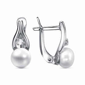 Серьги Красная пресня - Серебро 925, Жемчуг культивированный, Фианит (арт. 33315842Пл)