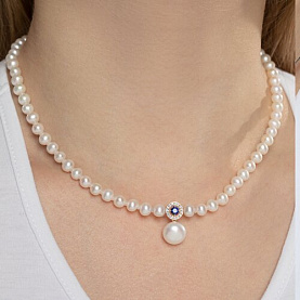 Колье SOKOLOV - Золото 585, Жемчуг культивированный, Синтетический сапфир , Фианит (арт. 797000)