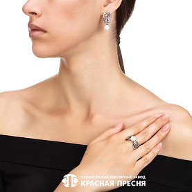 Серьги Красная пресня - Серебро 925, Жемчуг имитация, Фианит (арт. 33614944)