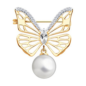 Брошь SOKOLOV - Золото 585, Горный хрусталь, Жемчуг культивированный, Фианит (арт. 794059)
